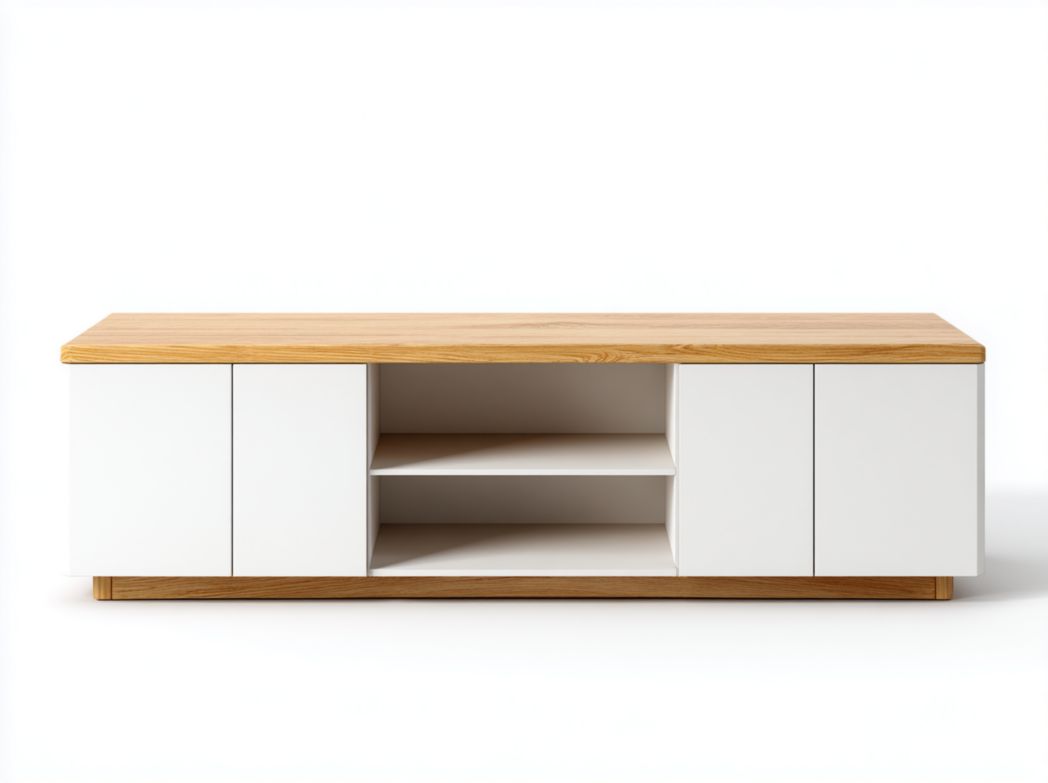 Meuble TV avec plateau en bois naturel, portes blanches et étagères ouvertes