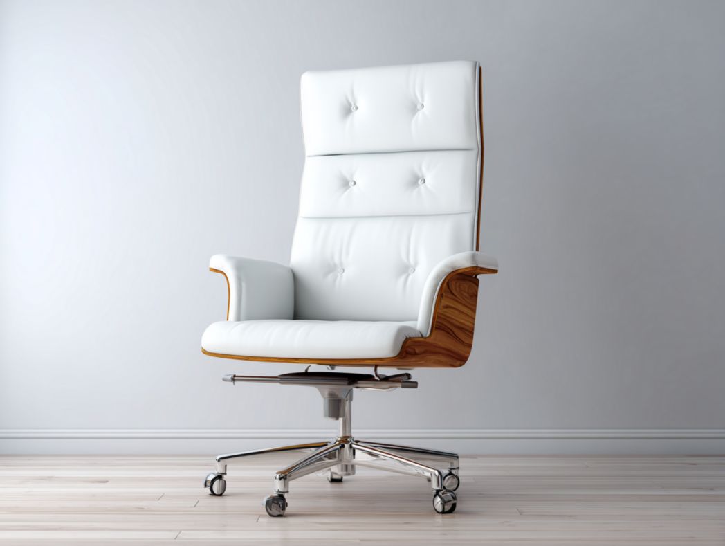 Chaise de bureau haute en cuir blanc avec revêtement capitonné et détails en bois, base pivotante en métal
