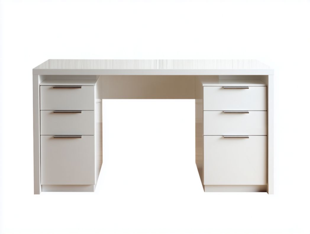 Bureau rectangulaire en bois blanc avec six tiroirs latéraux