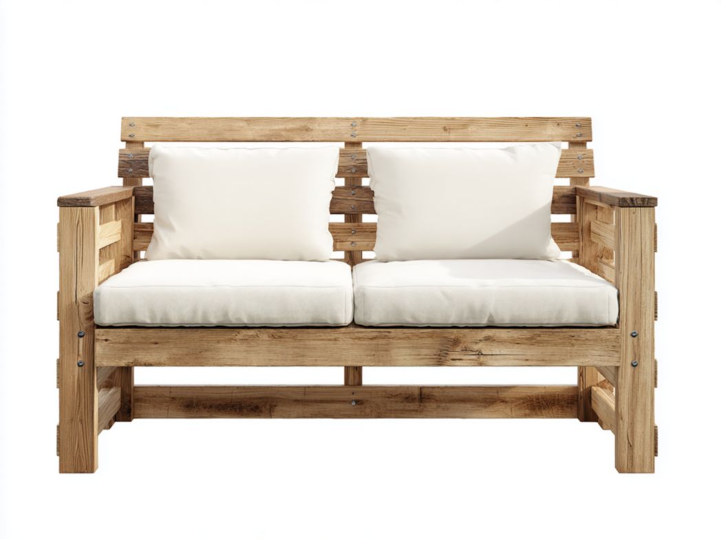 Chaise de jardin double en bois naturel avec coussins et dossiers beiges
