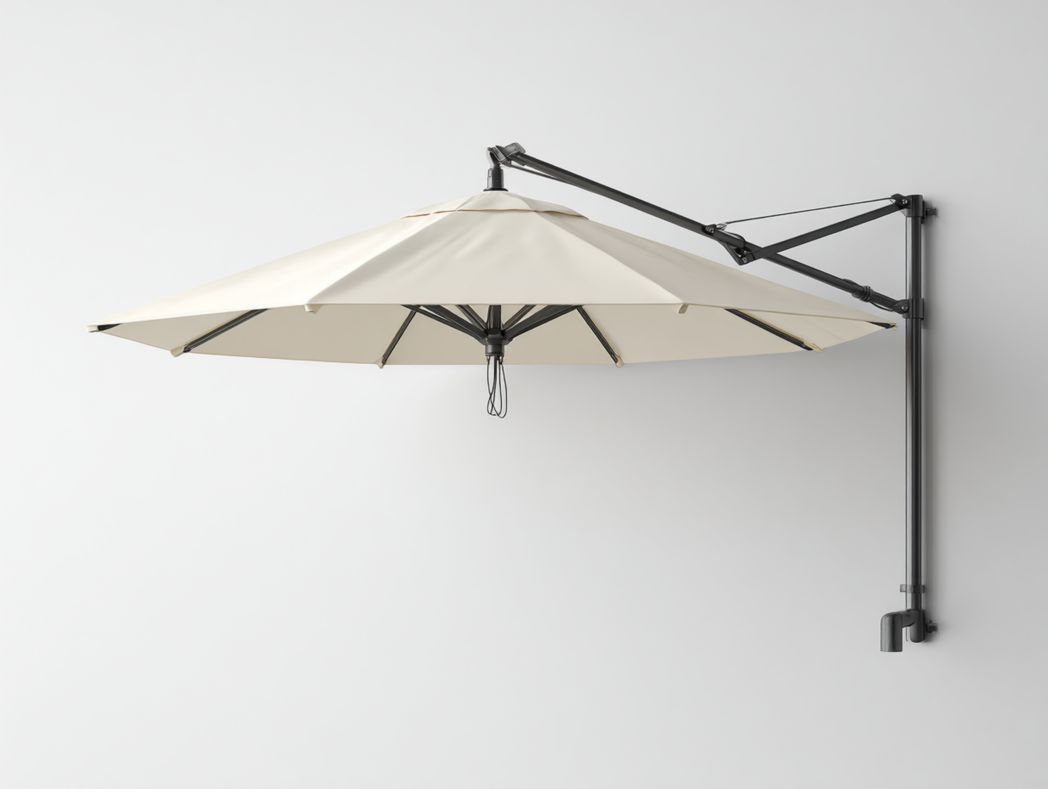 Parasol mural octogonal, toile polyester beige clair, armature en acier noir thermolaqué