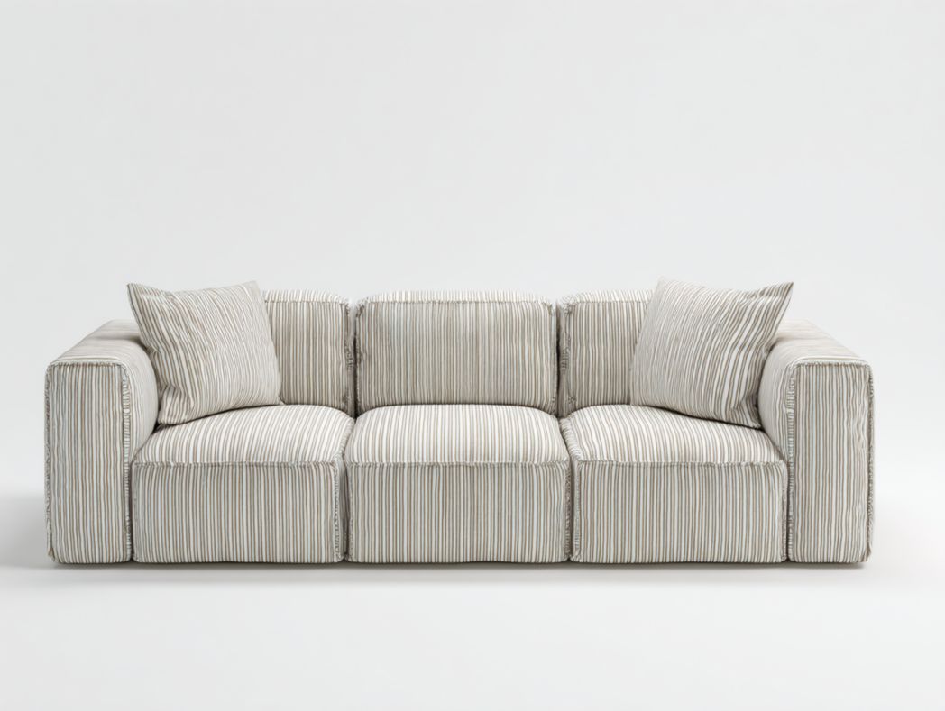 Canapé-lit en tissu rayé beige avec coussins