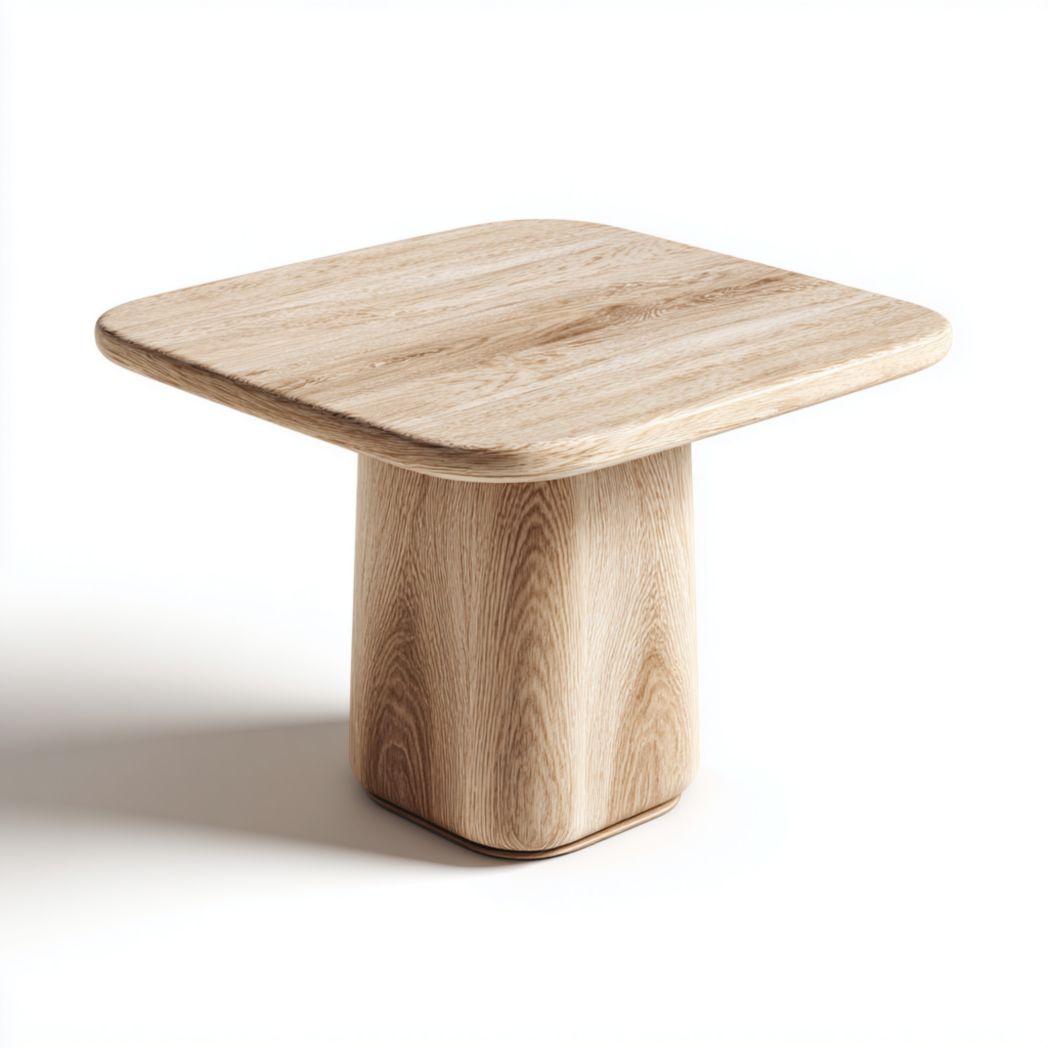 Table d’appoint carrée, plateau bois clair, coins arrondis et base en bois massif