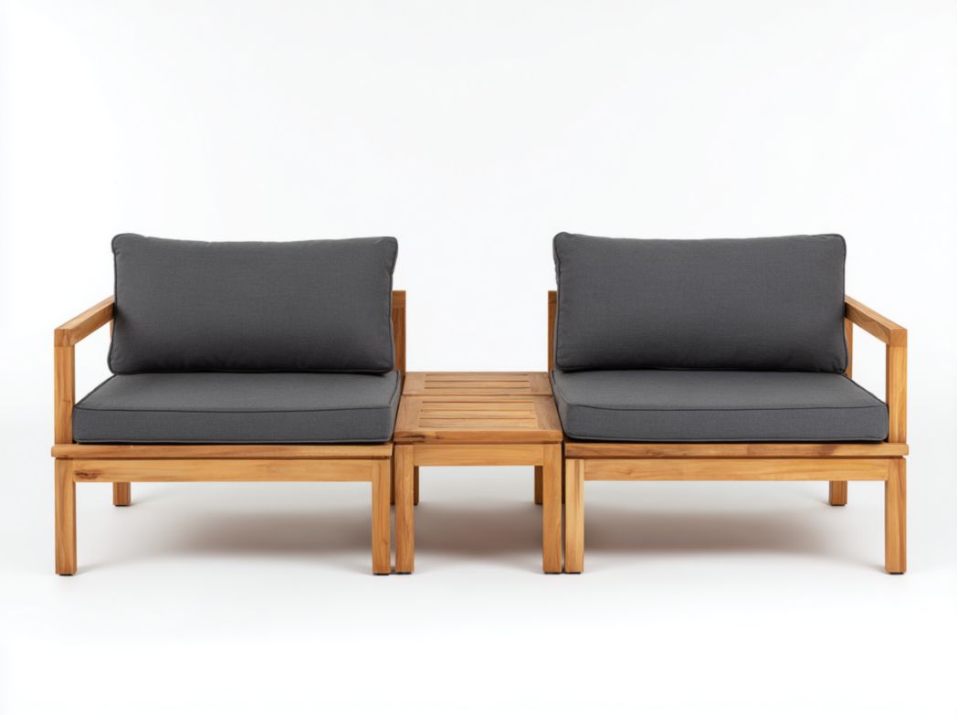 Chaise de jardin double avec structure en bois et coussins gris foncé avec table centrale intégrée