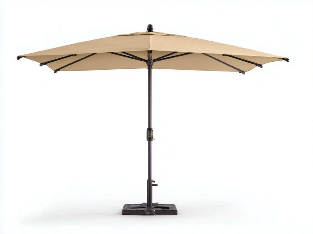 Parasol central carré, toile polyester beige kaki, armature en acier noir thermolaqué, base carrée