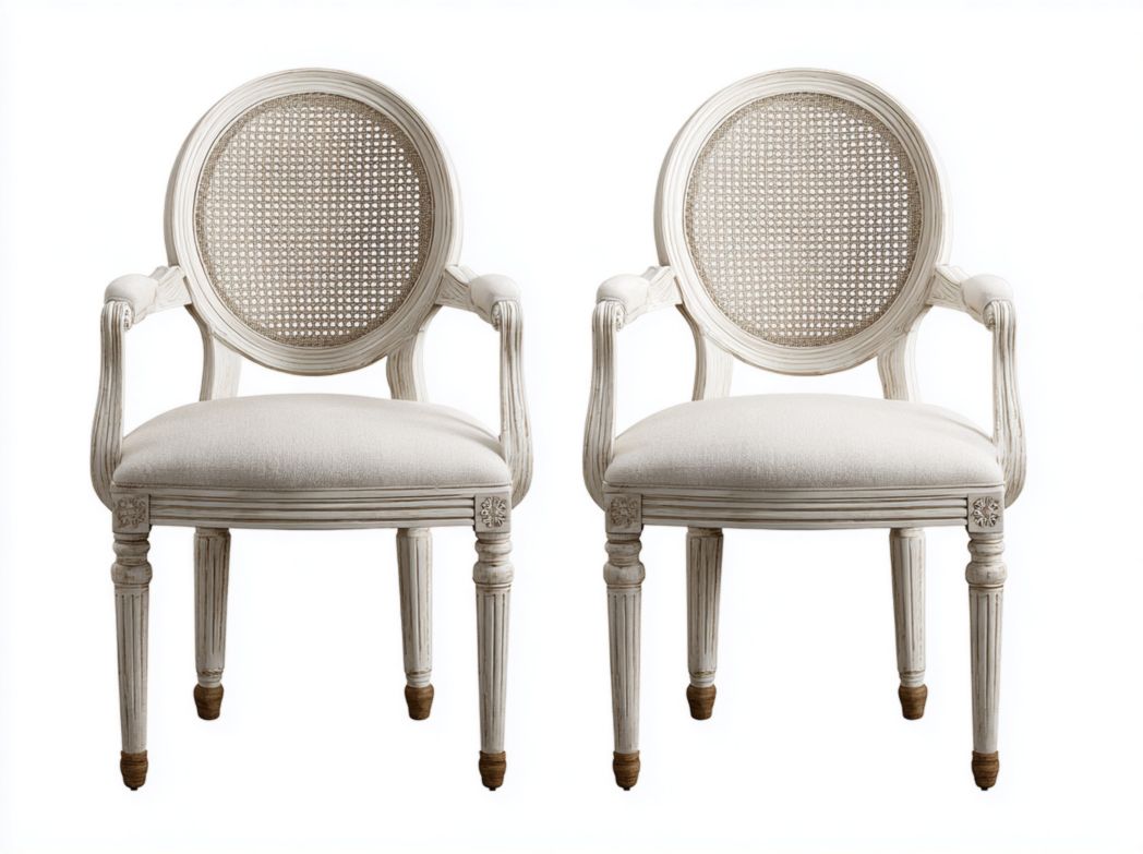 deux chaises de salle à manger en bois blanc avec dossiers en rotin et sièges rembourrés
