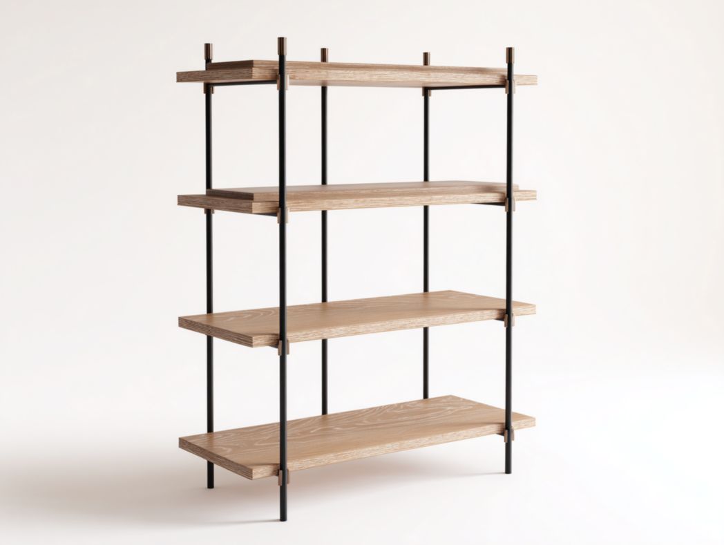 Vitrine ouverte à 4 étagères en bois naturel avec cadre en métal noir
