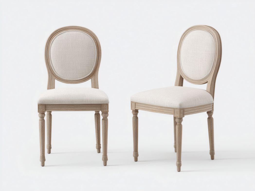 Ensemble de deux chaises de salle à manger en bois massif avec dossiers ronds rembourrés et sièges beiges avec pieds sculptés