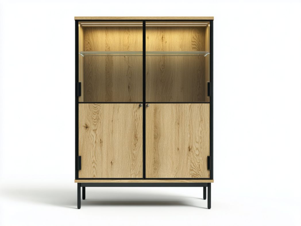 Vitrine avec cadre en métal noir, plateau en verre et porte inférieure en bois