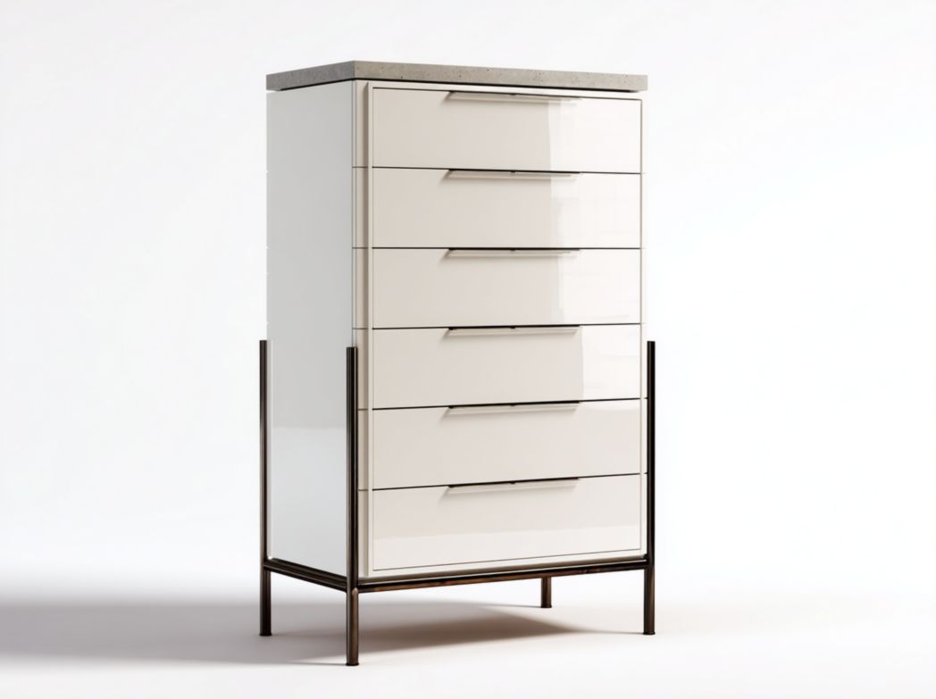 Commode 6 tiroirs en blanc brillant avec structure en métal et plan de travail effet pierre
