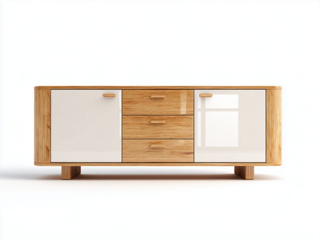 Buffet en bois naturel avec portes blanches et 3 tiroirs