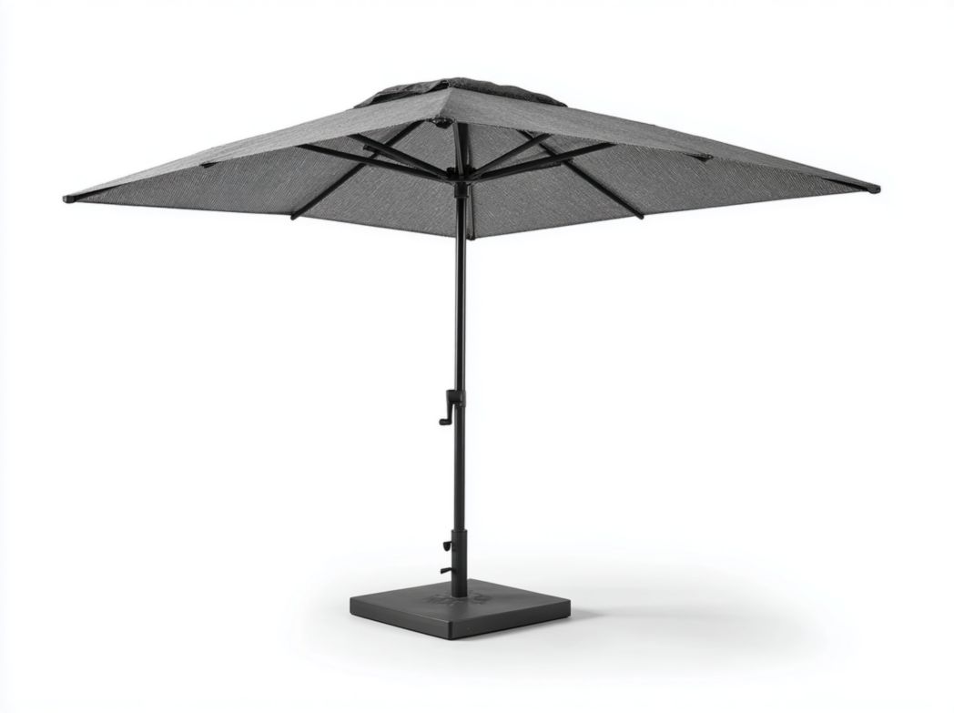 Parasol central carré, toile polyester gris foncé, armature en acier noir thermolaqué, base carrée