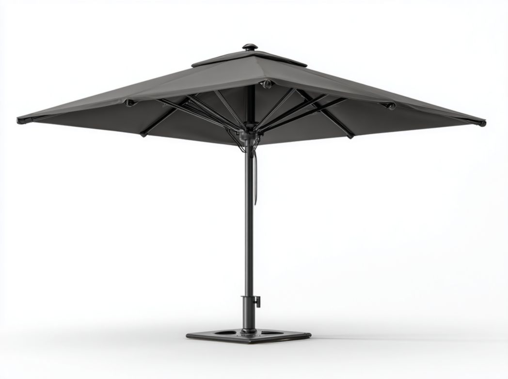 Parasol carré gris foncé avec mât et base en métal noir
