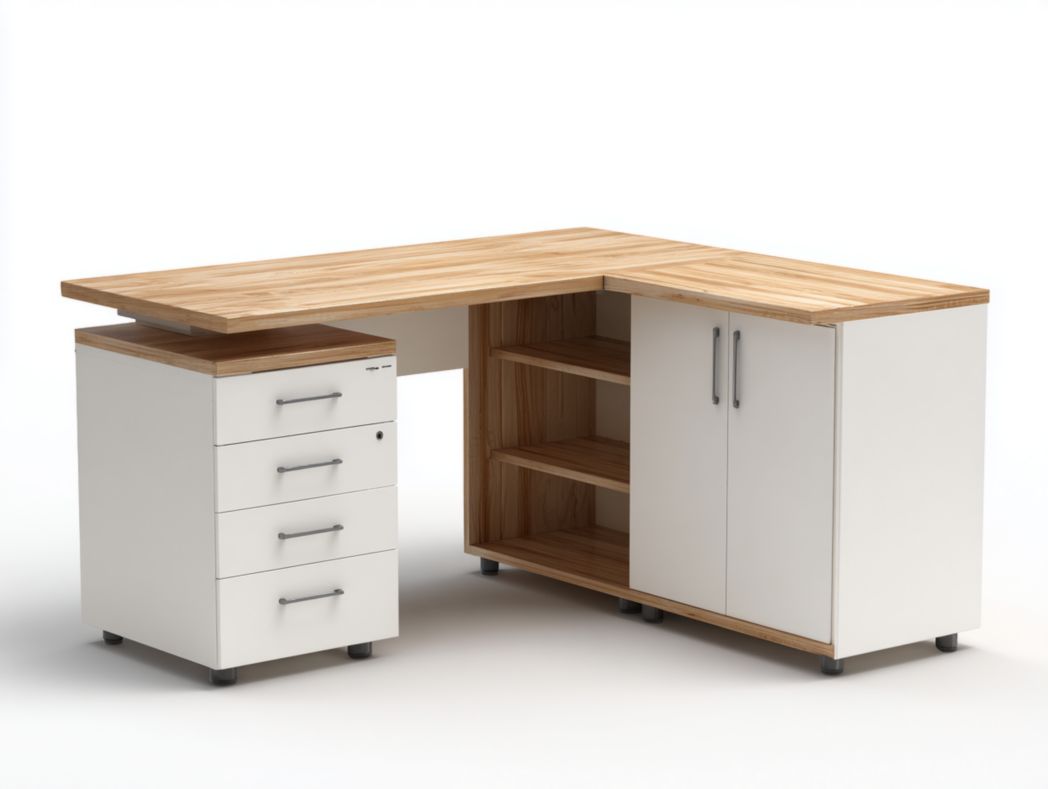 Bureau en L avec surface en bois naturel et cadre blanc, avec commode à 4 tiroirs, étagères et armoire à deux portes