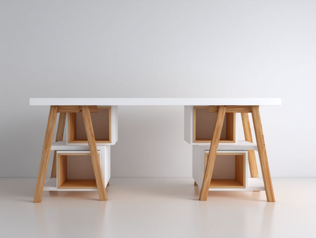 Bureau rectangulaire blanc avec support en bois et cubes structurels