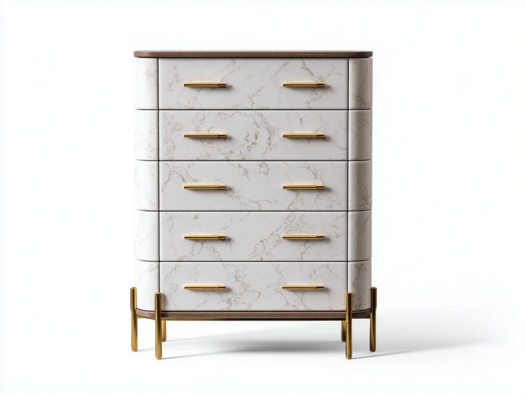 Commode avec finition en marbre blanc et poignées dorées