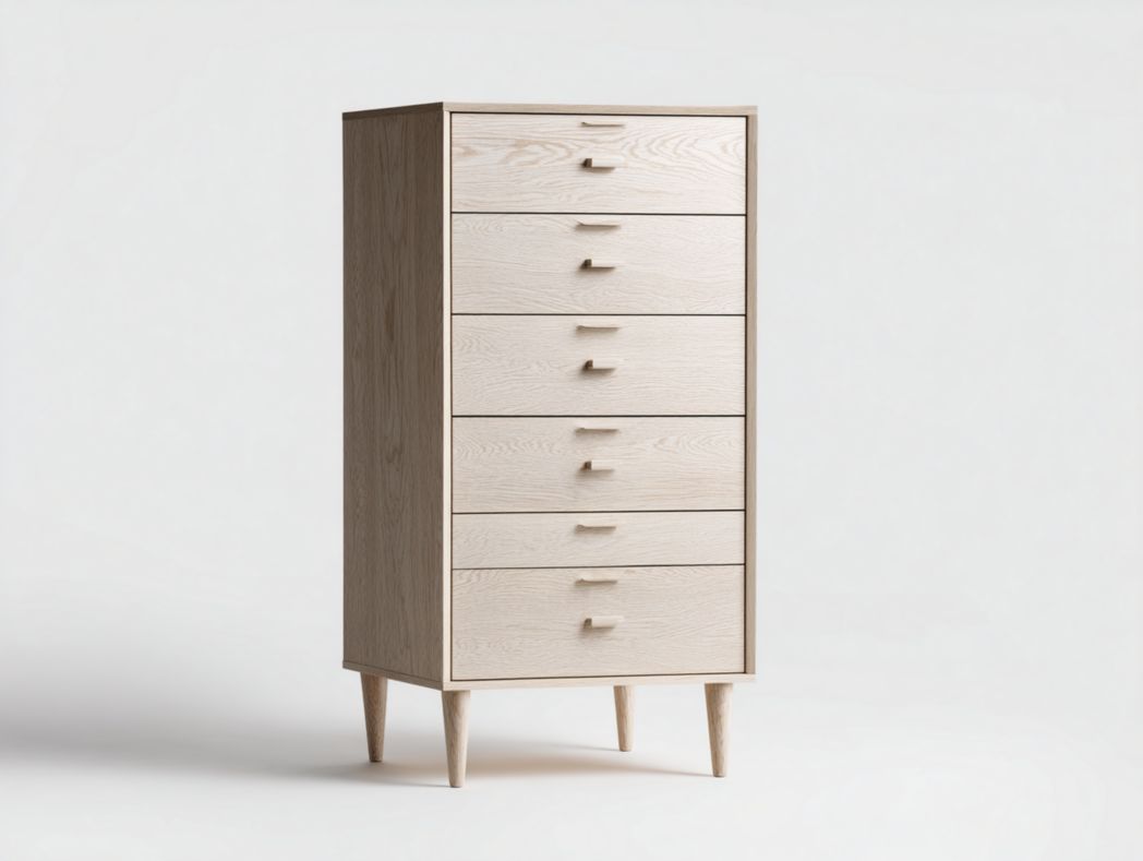 Commode 5 tiroirs en bois clair avec un tiroir central étroit