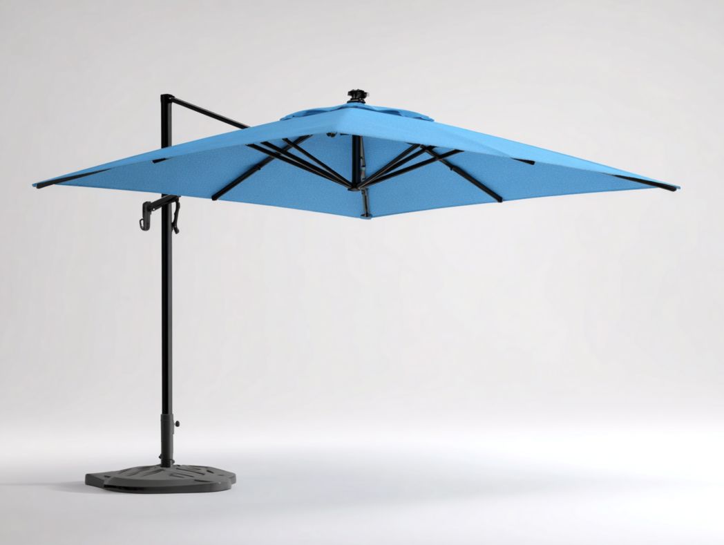 Parasol déporté carré, toile polyester bleu ciel, armature en acier noir thermolaqué, manivelle de levage et ouverture
