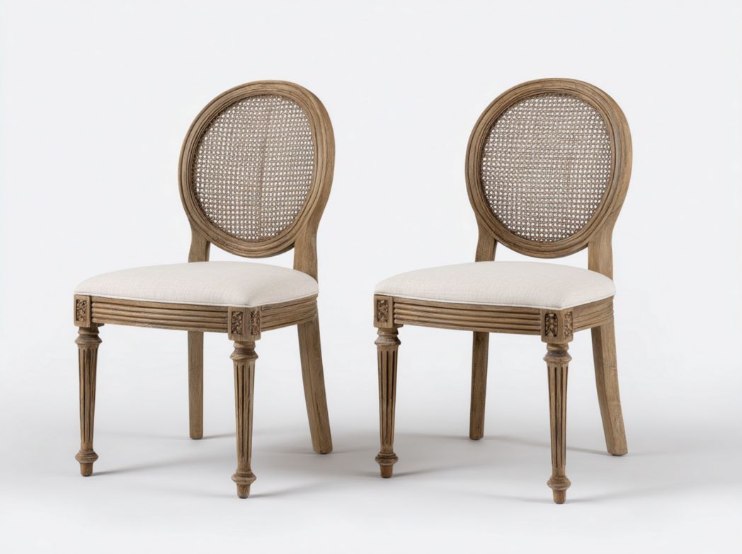 Ensemble de deux chaises de salle à manger en bois massif avec dossiers ronds en rotin, sièges beiges et pieds sculptés