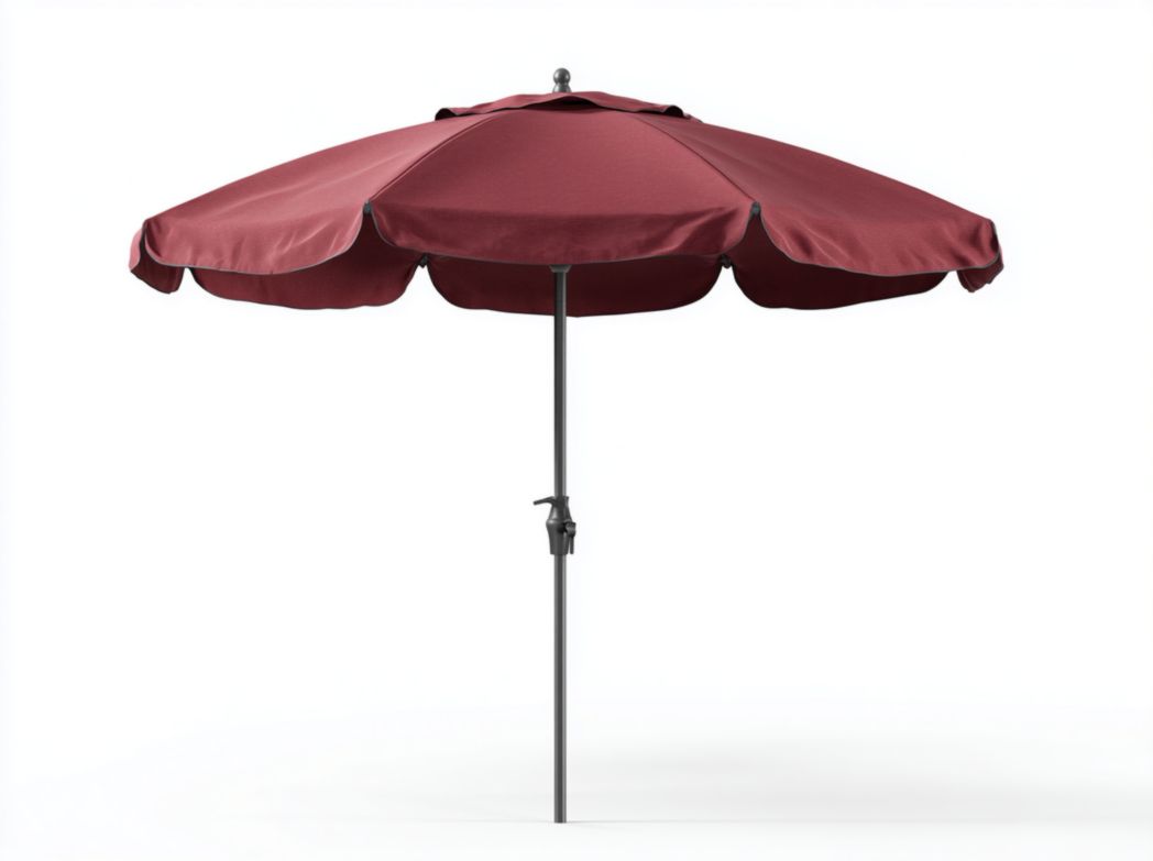 Parasol central rond, toile polyester bordeaux, armature en acier noir thermolaqué, bord ondulé