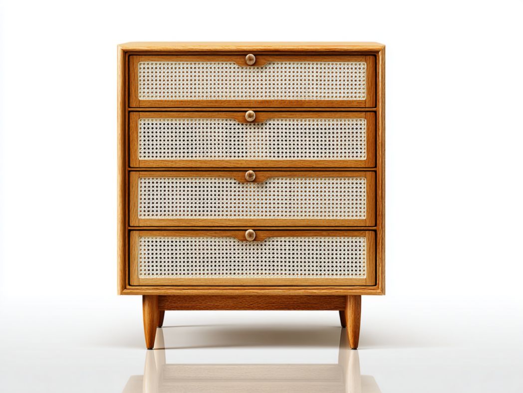 Commode en bois naturel avec 4 tiroirs et façade en treillis de rotin