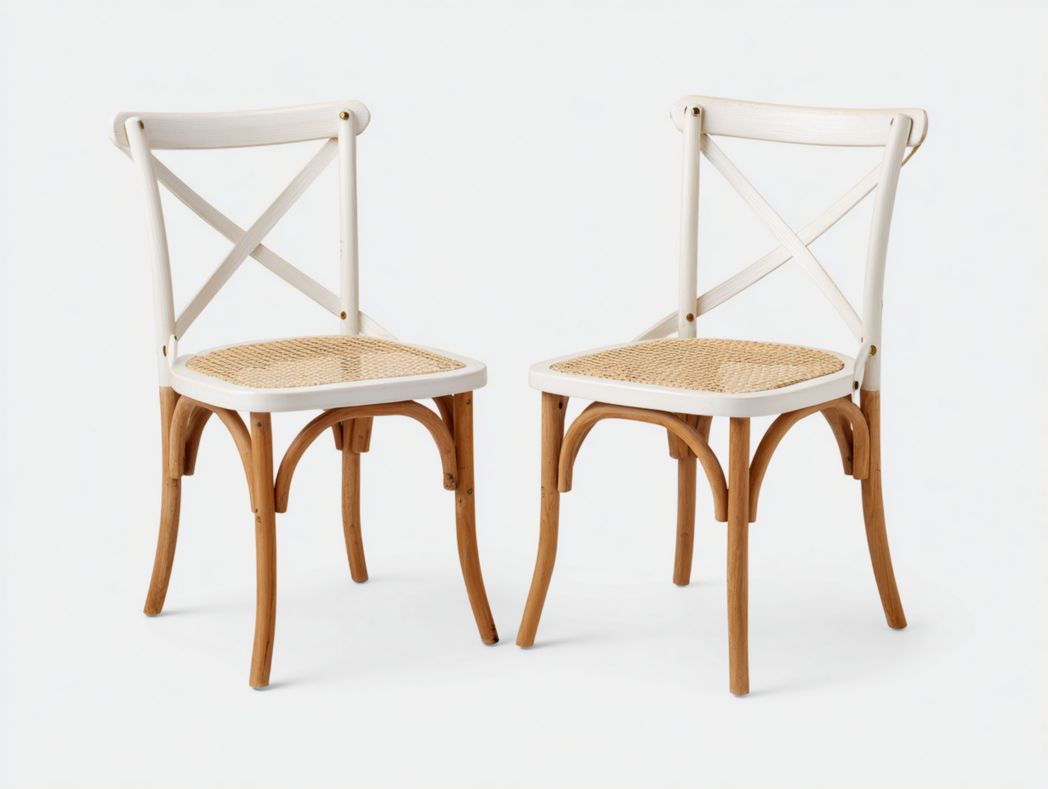 Ensemble de 2 chaises de salle à manger en bois avec dossier croisé blanc et assise en rotin
