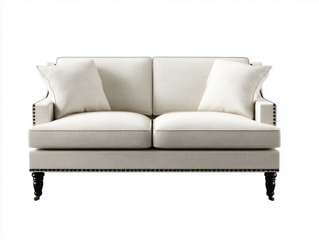 Canapé 2 places en tissu beige avec coussins, détails cloutés et pieds noirs avec roulettes avant