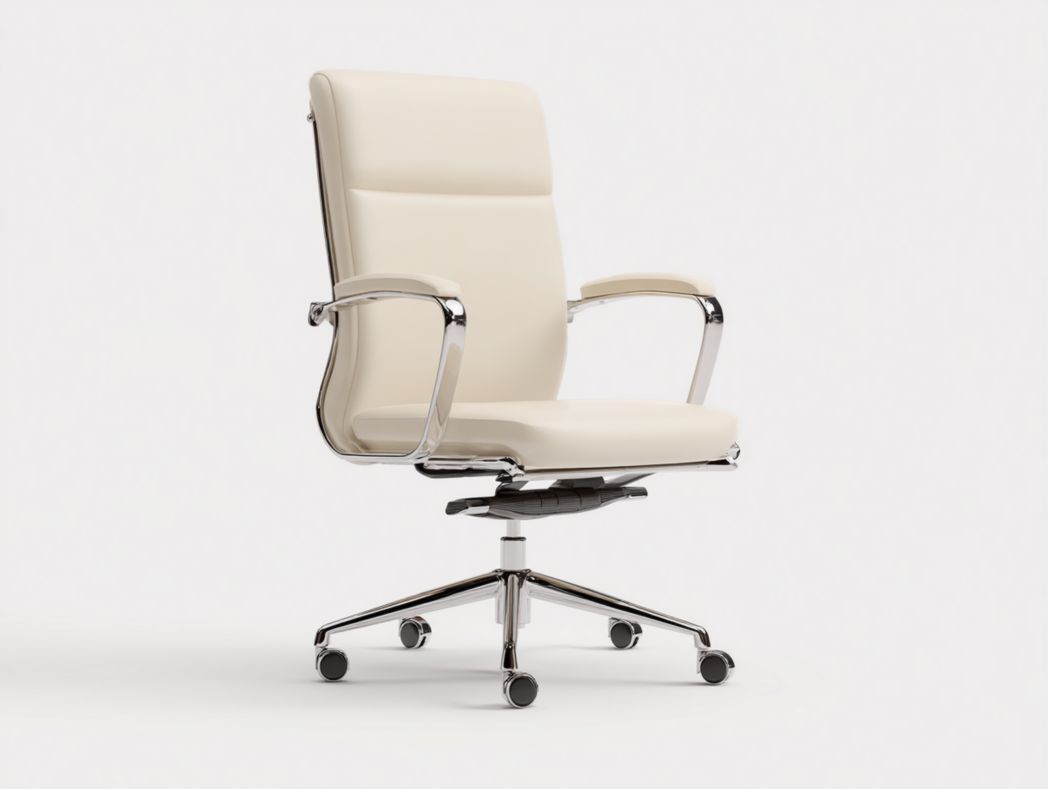 Chaise de bureau en similicuir beige avec dossier haut et base chromée