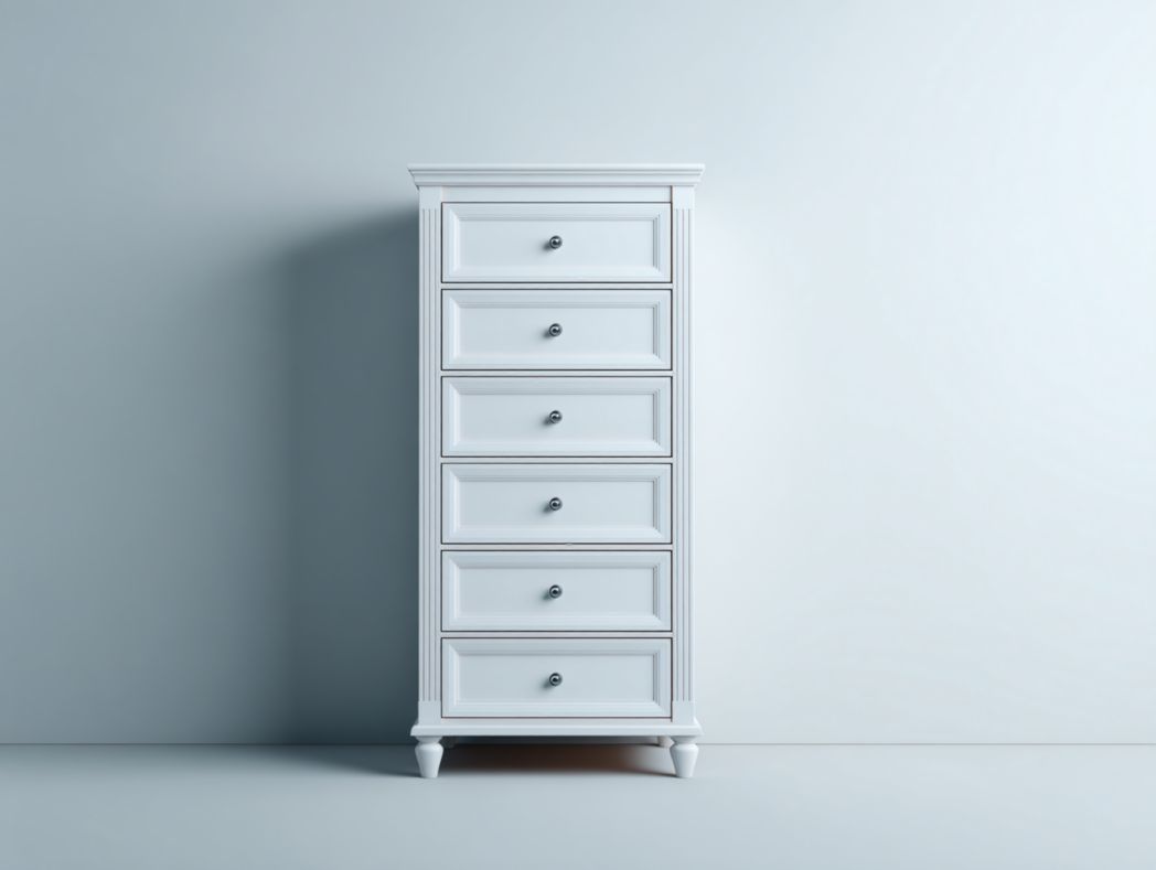 Commode en bois blanc avec 6 tiroirs et motif en relief