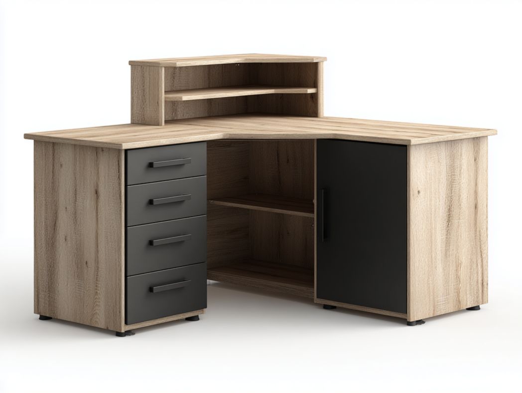 Bureau d'angle avec finition en bois clair, tiroirs et étagère supérieure noirs