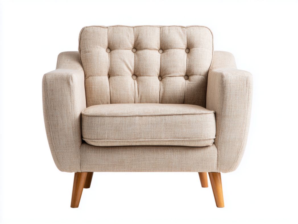 Fauteuil rembourré en tissu beige avec dossier capitonné et pieds fuselés en bois