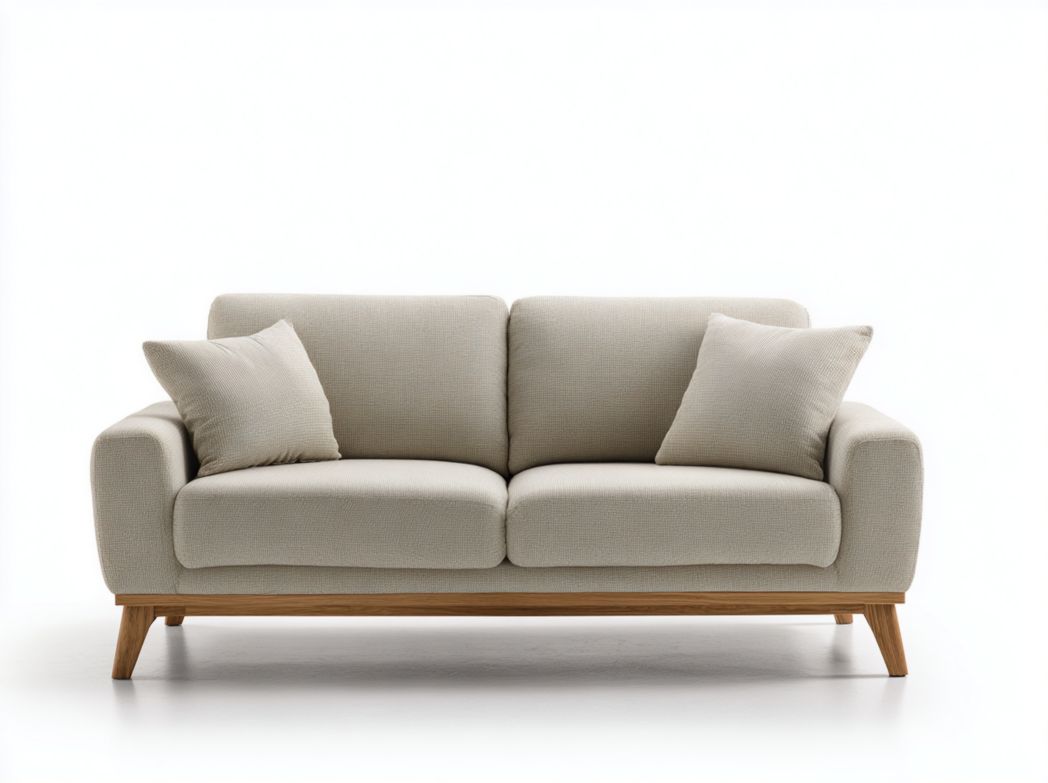 Canapé-lit en tissu beige avec base en bois et coussins inclus