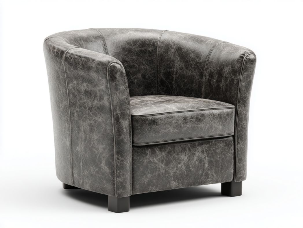 Fauteuil simple en similicuir gris, design tonneau