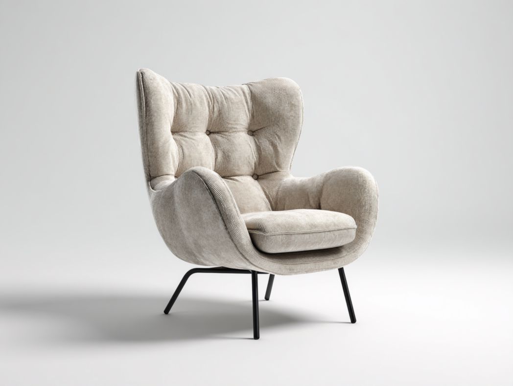 Fauteuil haut tapissé de tissu beige avec pieds en métal noir