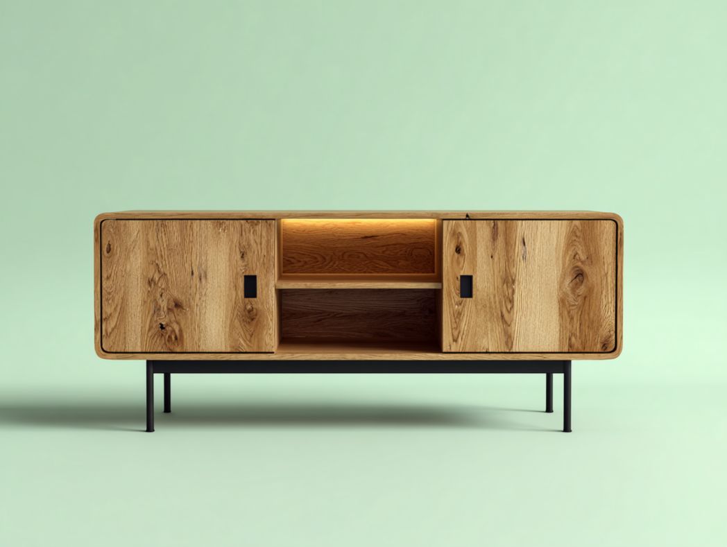 Meuble TV en bois naturel avec portes pliantes, étagères ouvertes et base en métal noir.