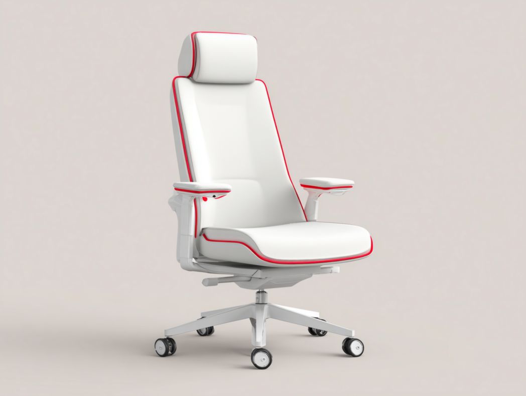 Chaise de bureau blanche avec revêtement rouge et dossier haut