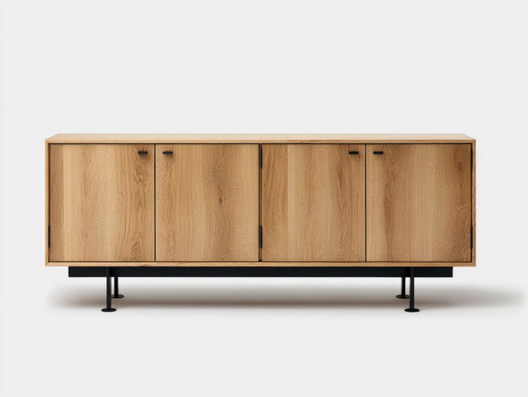 Meuble TV en bois naturel avec 4 portes et base en métal noir