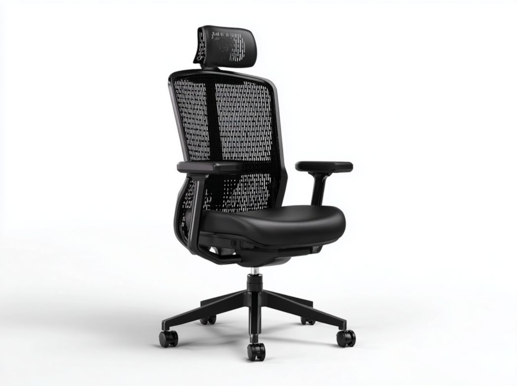 Chaise de bureau noire avec dossier en maille, appui-tête et accoudoirs réglables