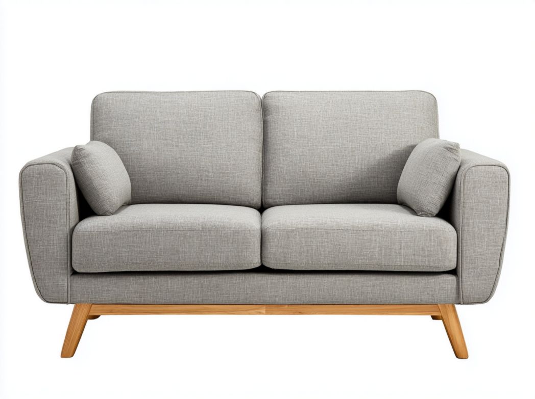 Canapé 2 places en tissu gris avec coussins inclus et base en bois