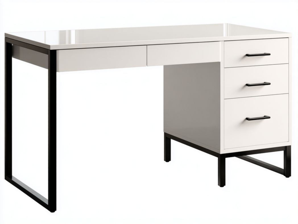 Bureau blanc avec trois tiroirs et cadre en métal noir