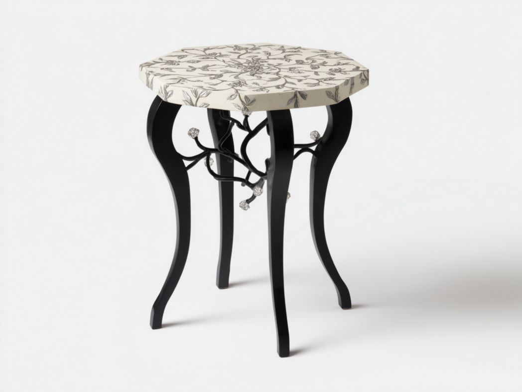 Table d’appoint octogonale avec plateau en pierre décoré et pieds en métal noir courbés