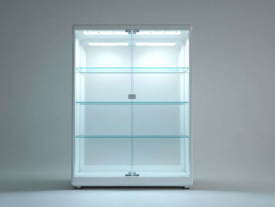 Vitrine avec cadre blanc, étagères en verre et éclairage LED intégré