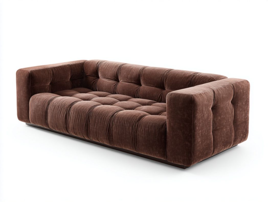 Canapé 2 places en tissu velours marron avec capitonnage et design intégré sans coussins