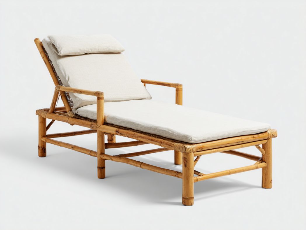 Chaise longue en bambou avec coussin beige