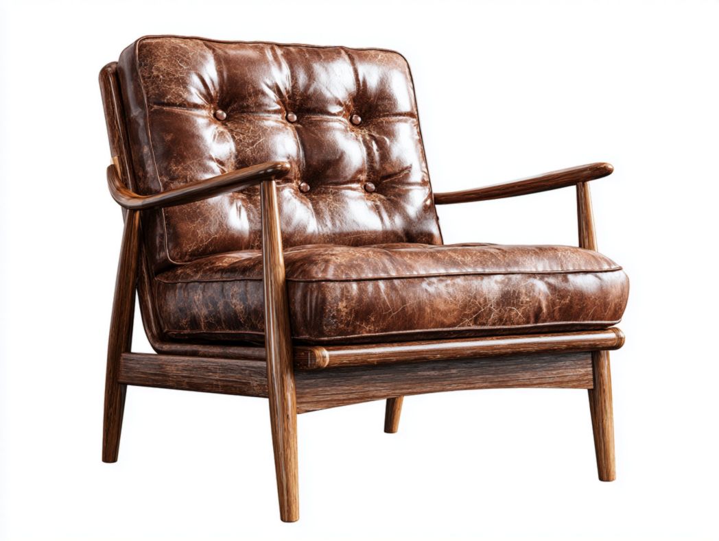 Fauteuil en cuir marron avec structure en bois et dossier capitonné