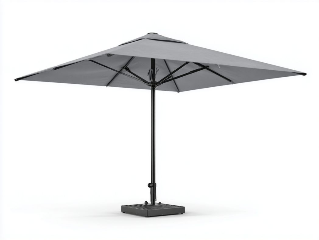 Parasol carré gris avec mât et base en métal noir inclus
