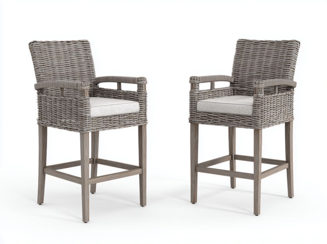 Lot de 2 chaises hautes en rotin gris avec coussins légers