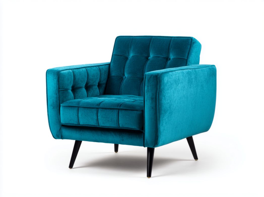 Fauteuil simple recouvert de velours vert-bleu avec pieds en bois foncé