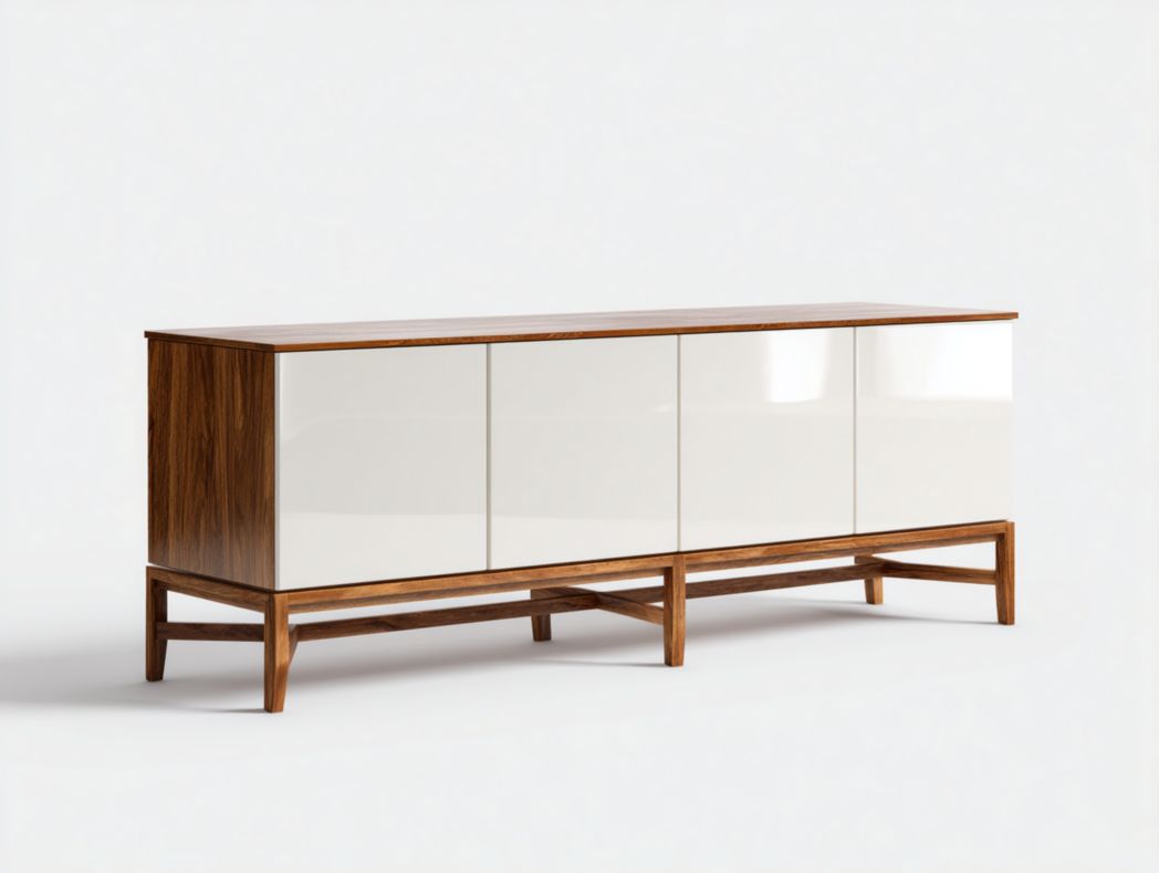 Meuble TV avec cadre en noyer et portes en finition blanche brillante