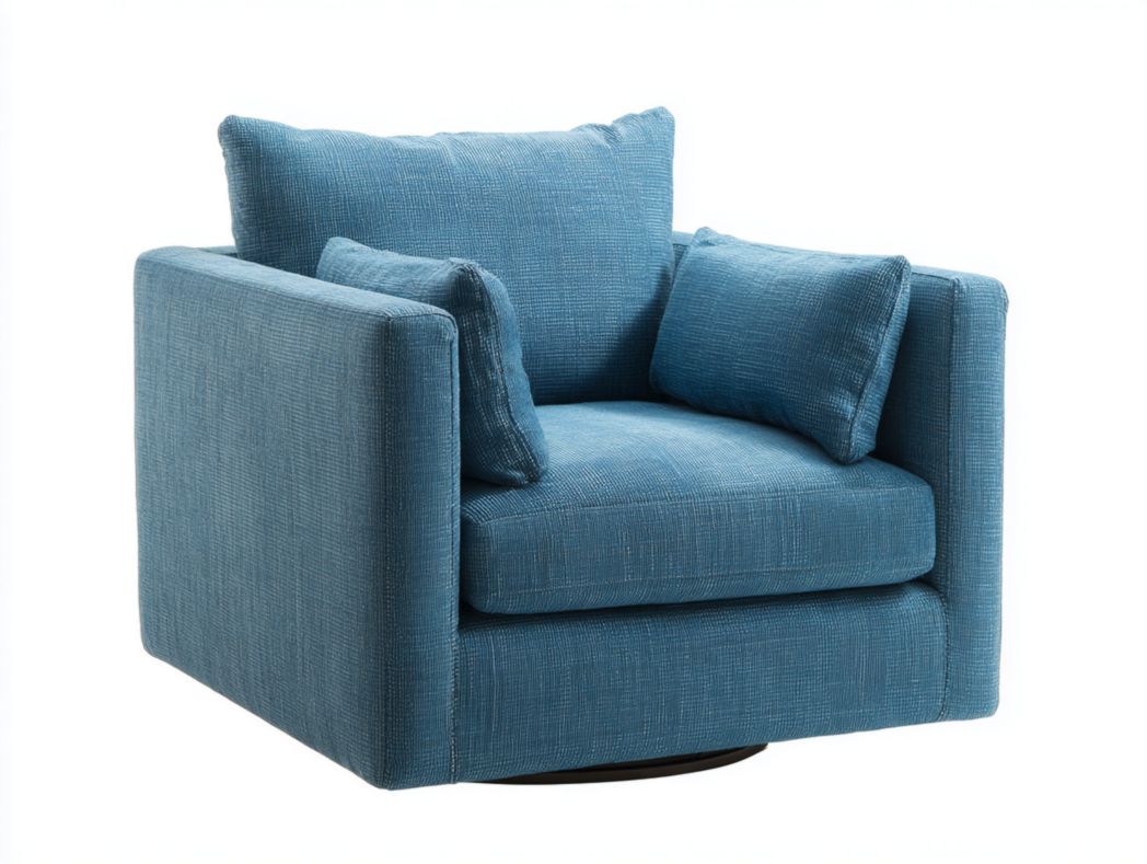 Fauteuil simple carré en tissu bleu avec coussins